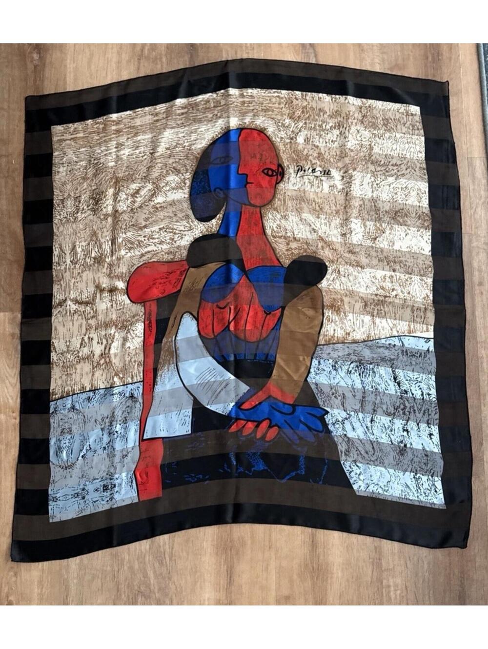 VTG Picasso Seated Woman Art Scarf Silk? 37” Square Cubist Print No Tag